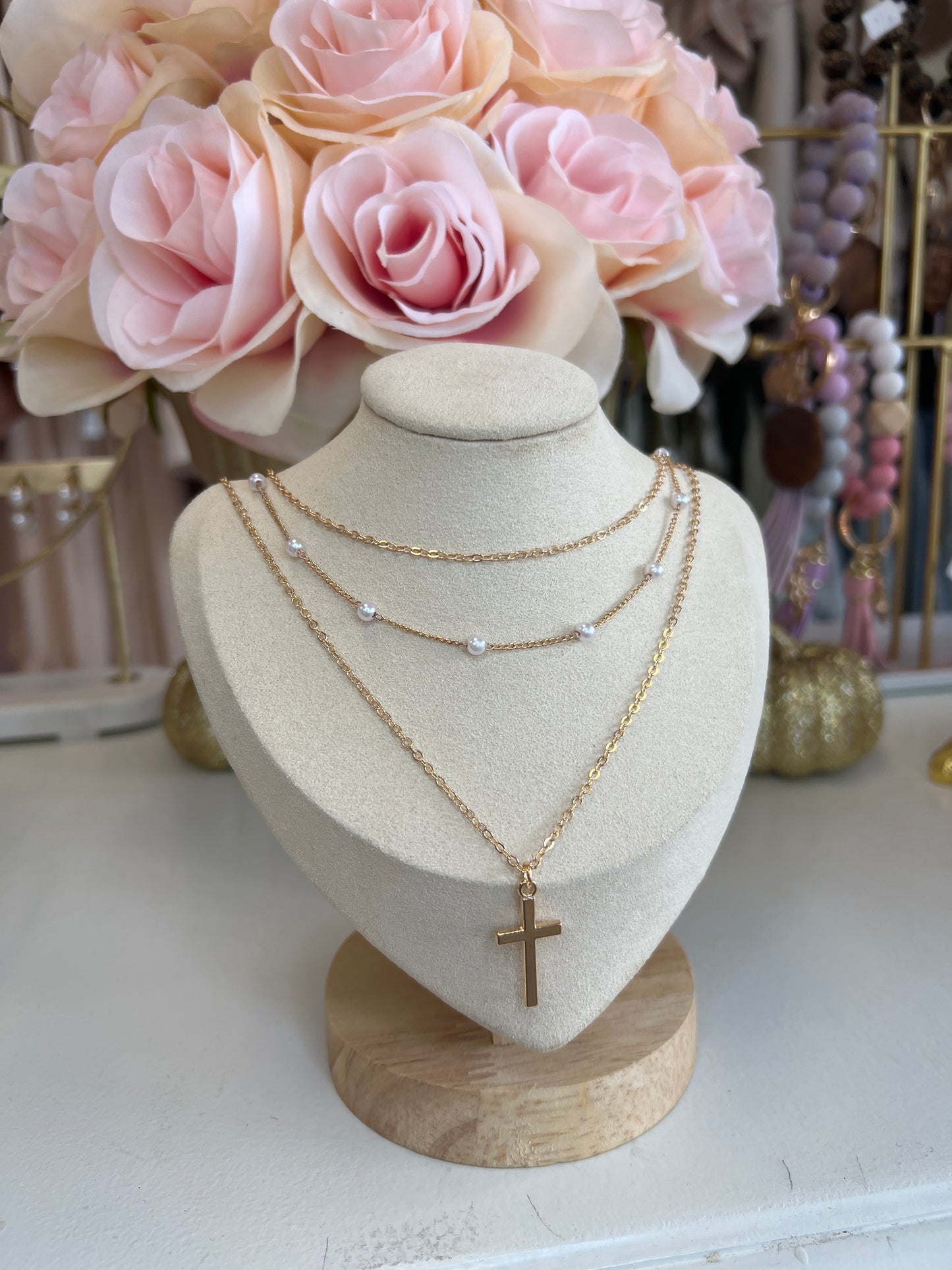 Layered Pearl and Cross Necklace