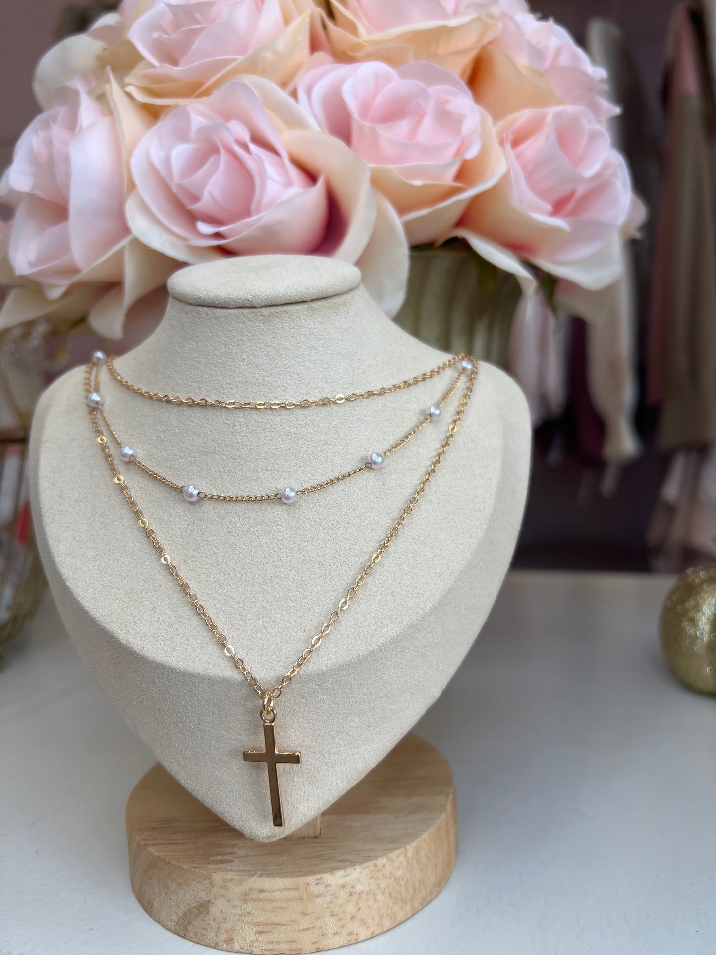 Layered Pearl and Cross Necklace