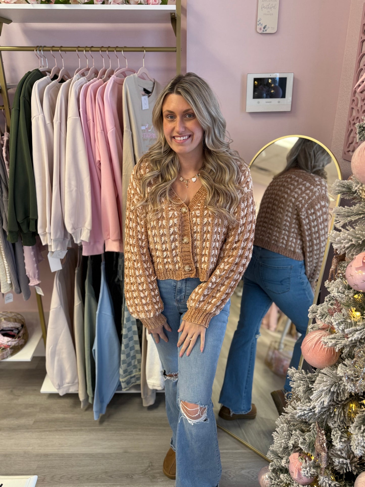 Crocheted Camel Cropped Button-Up Sweater