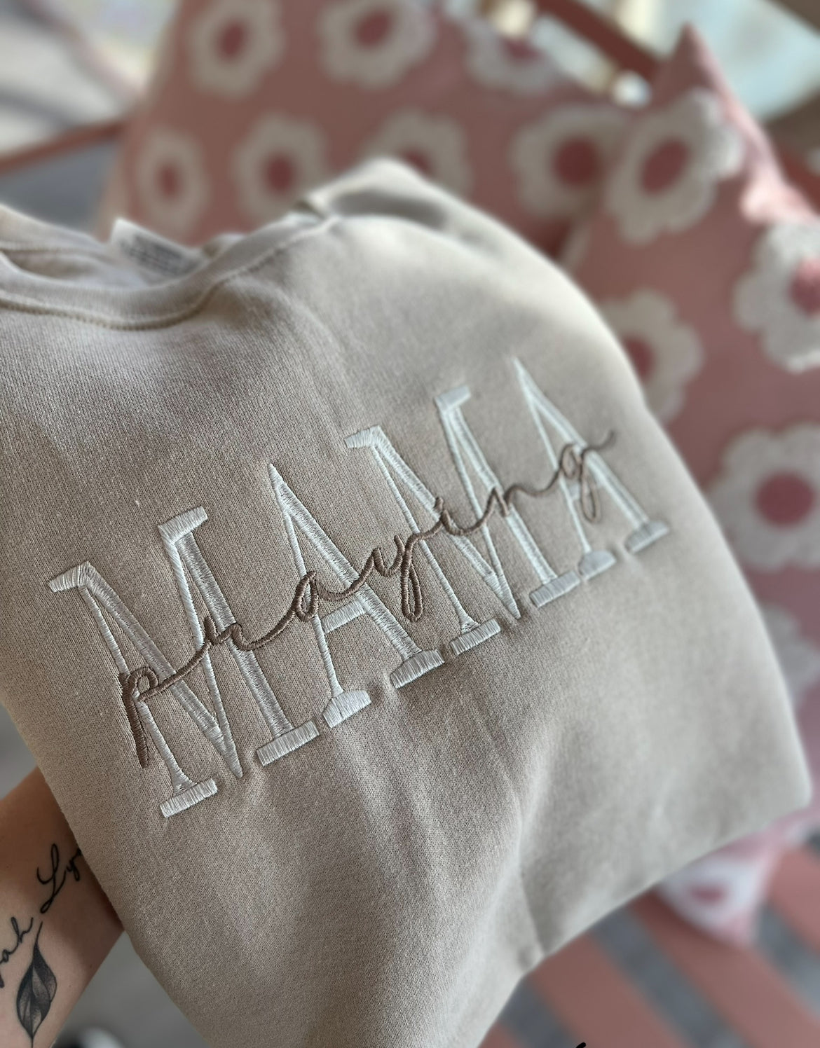 Embroidered Praying Mama Crew in Sand