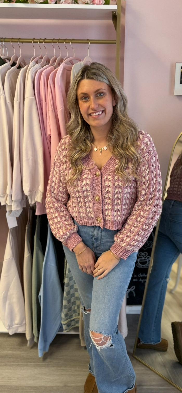 Crocheted Purple Cropped Button-Up Sweater