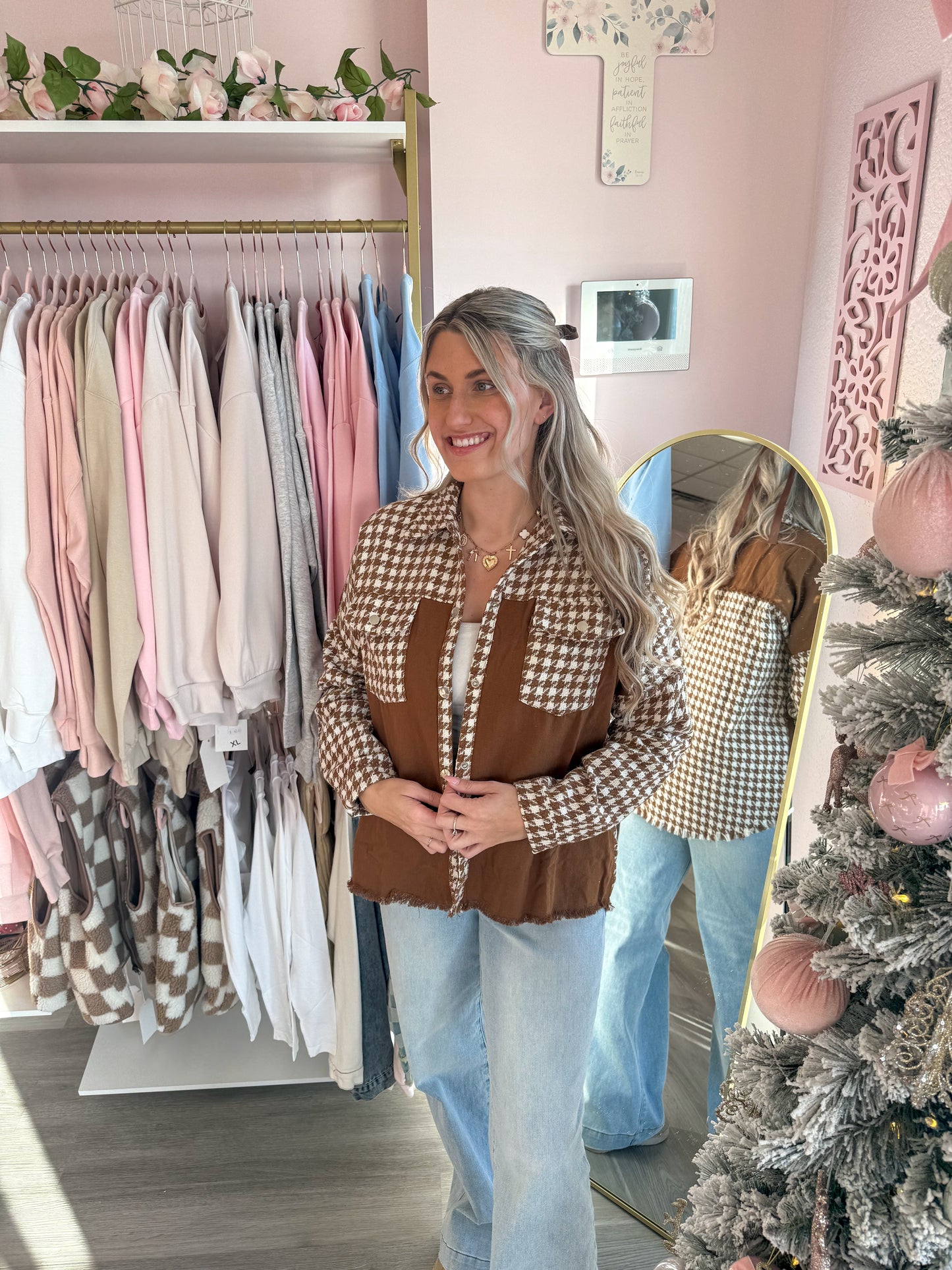 Checkered Shacket in Chocolate