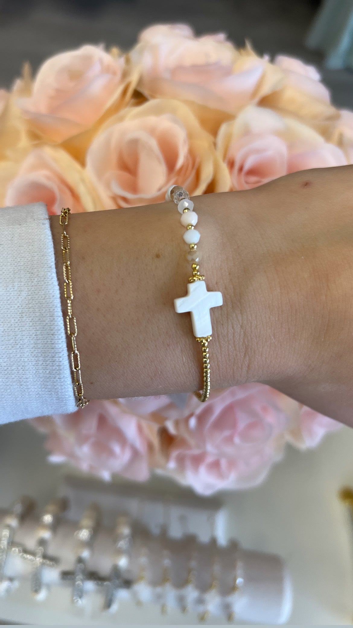 Beaded Adjustable Stone Cross Bracelet