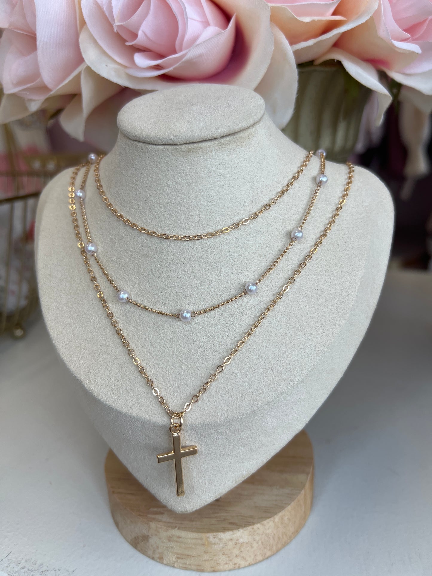 Layered Pearl and Cross Necklace