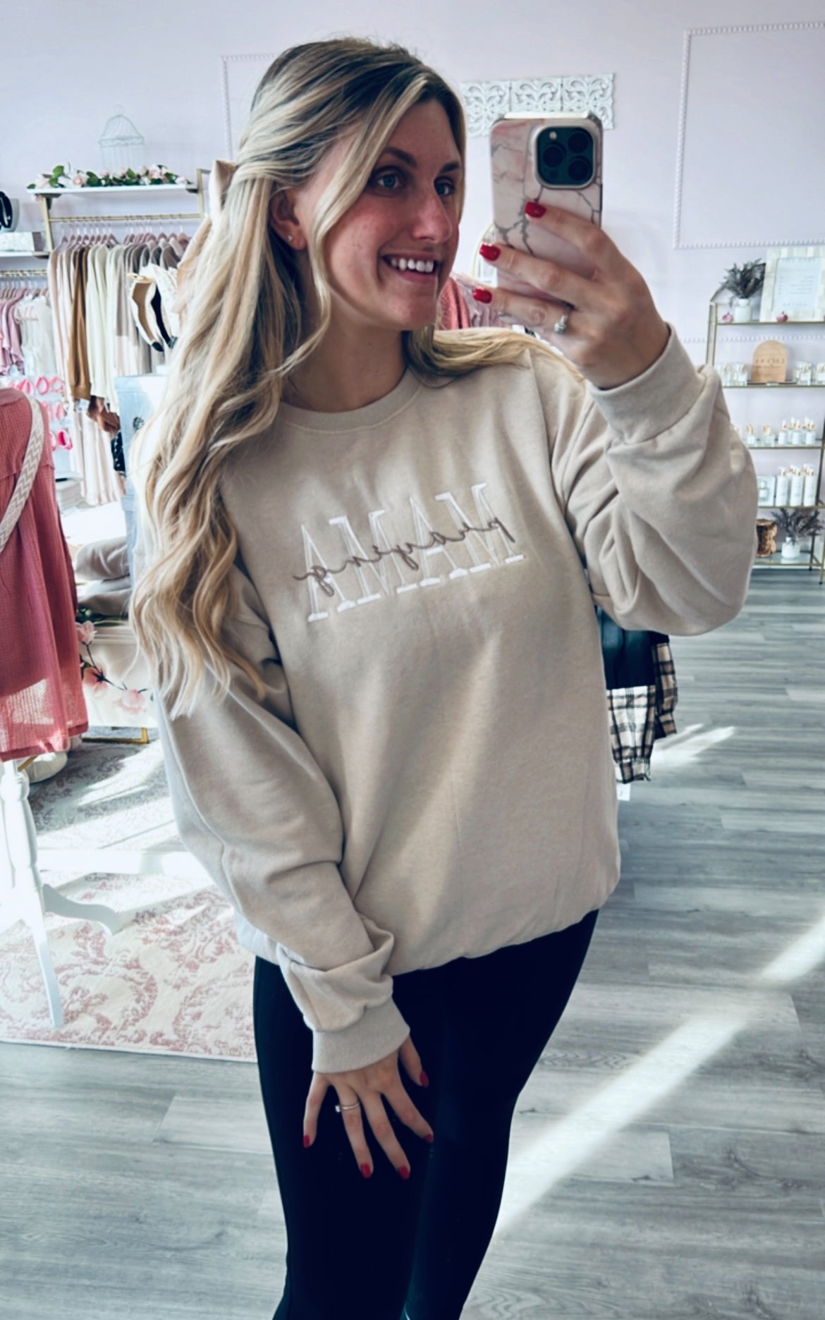Embroidered Praying Mama Crew in Sand