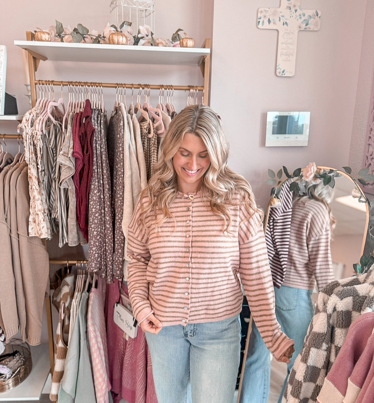 Pink and Brown Striped Fall Sweater | Women’s Sweater Top