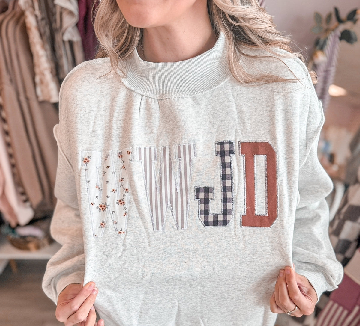 WWJD Embroidered Patchwork Mock Neck in Heather Gray | Christian Women’s Sweatshirt