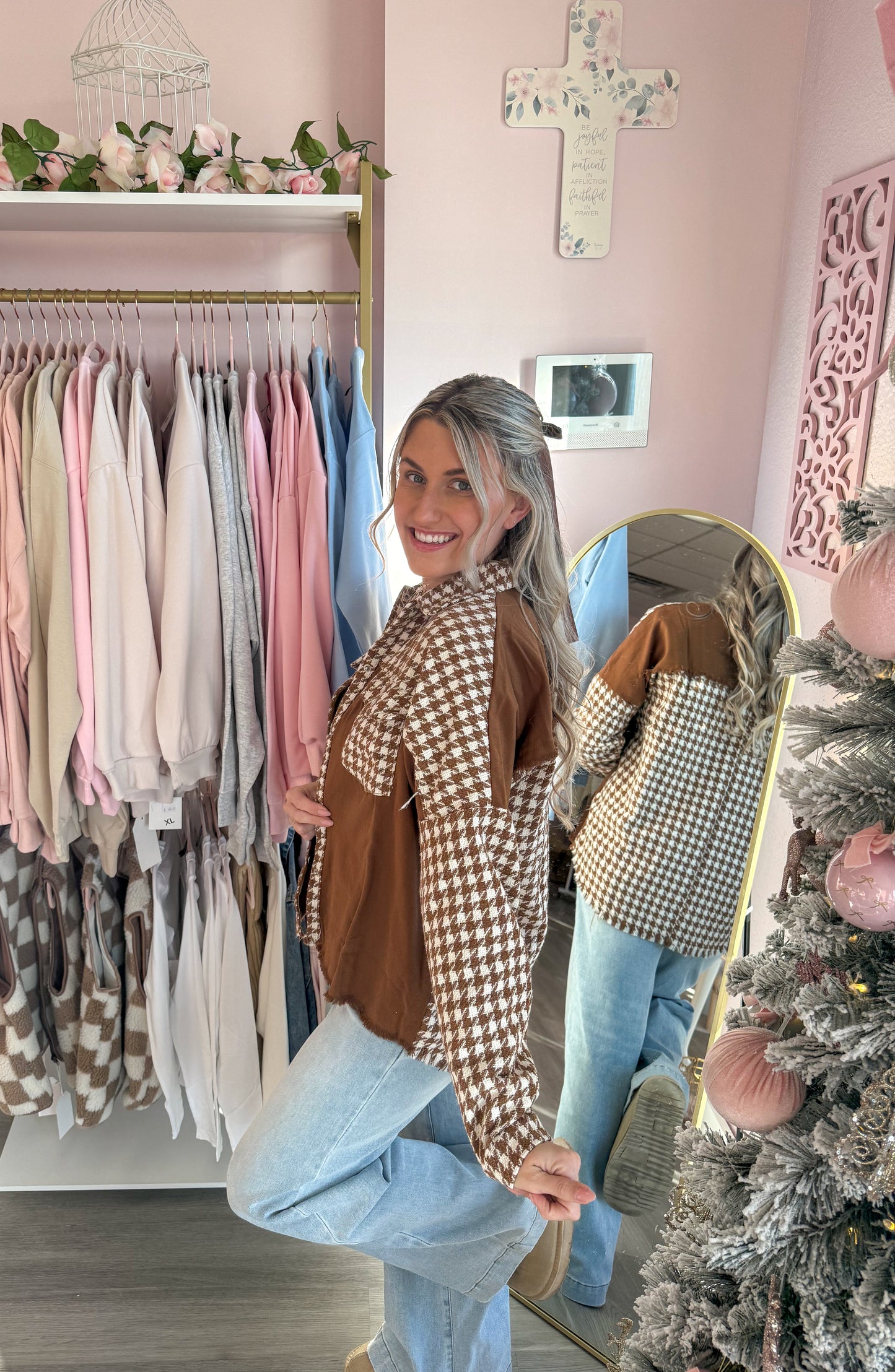 Checkered Shacket in Chocolate