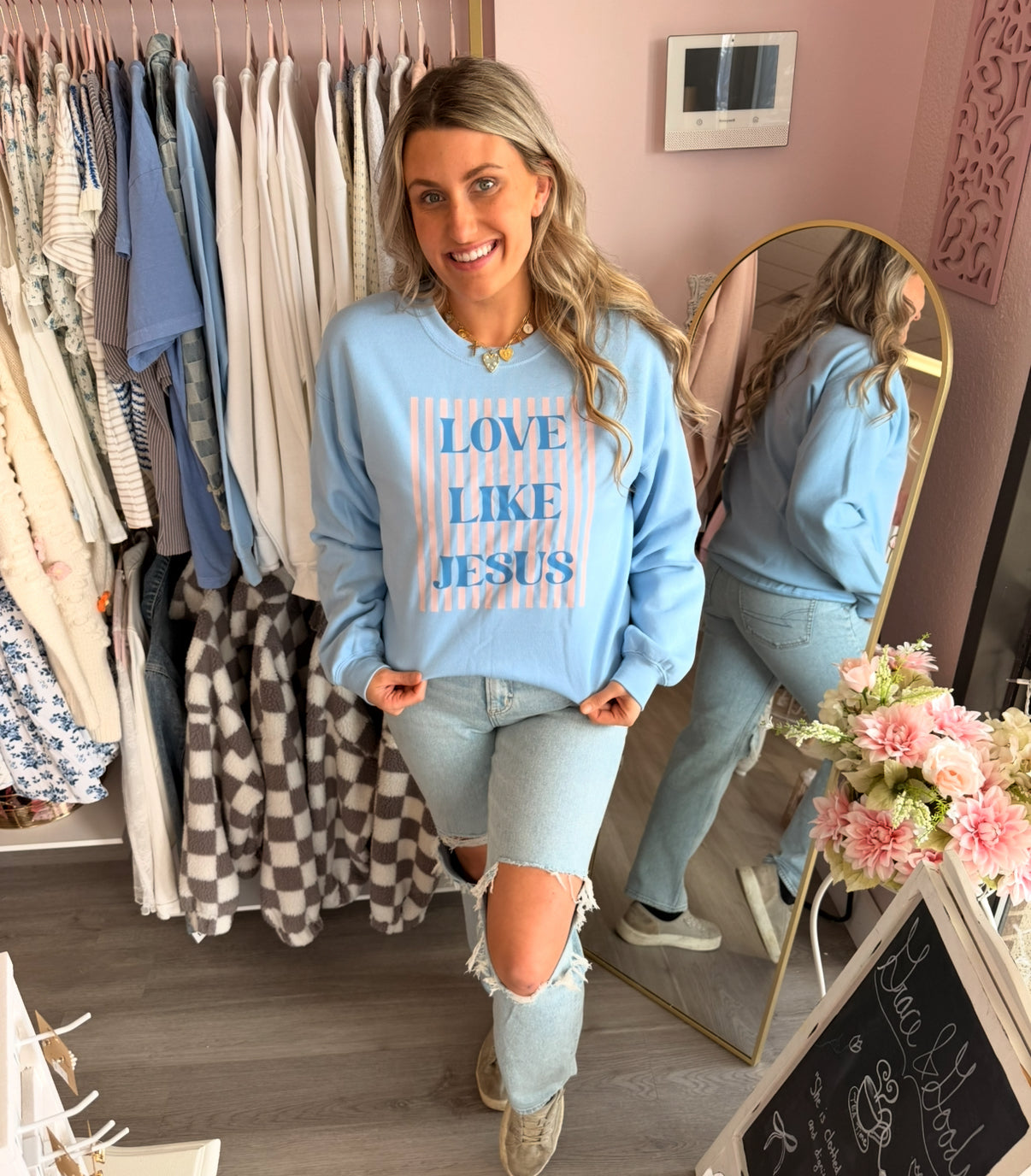 Love Like Jesus Striped Crewneck | Christian Women’s Sweatshirt