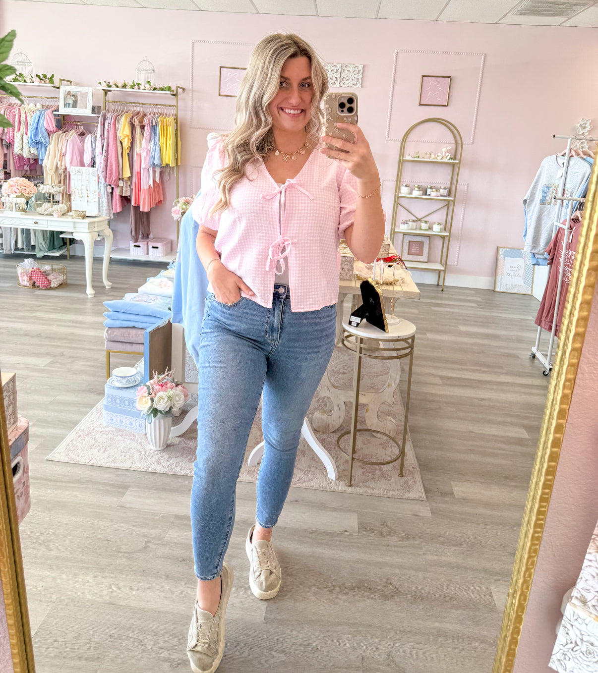 Gingham Pink Bow Tie Top | Women’s Top
