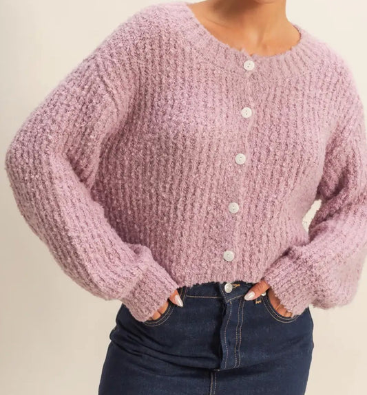 Knit button up purple cardigan