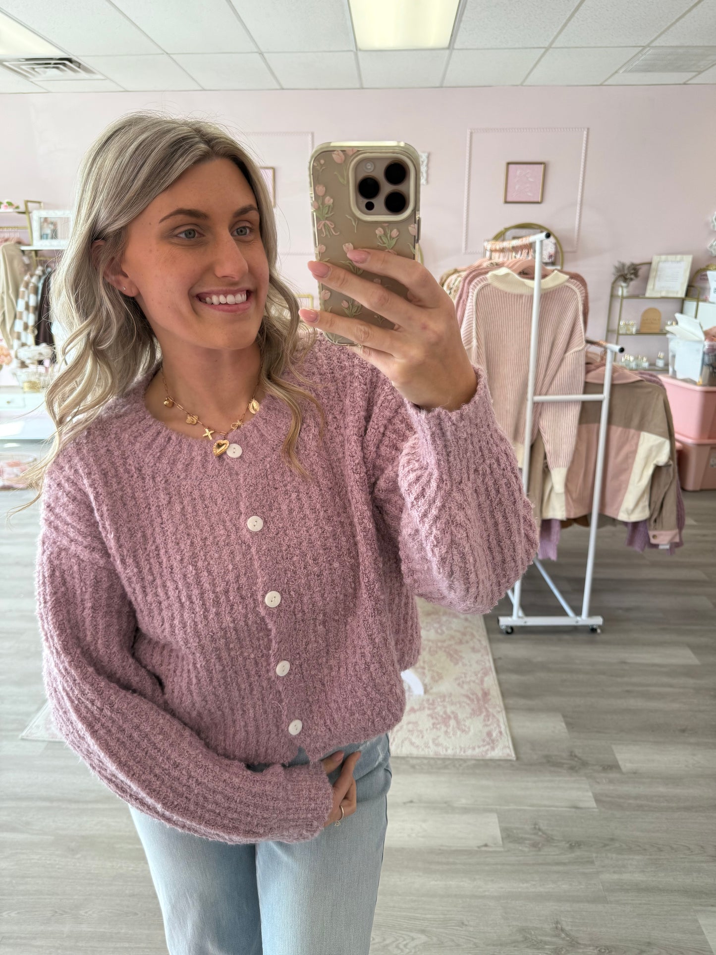 Knit button up purple cardigan