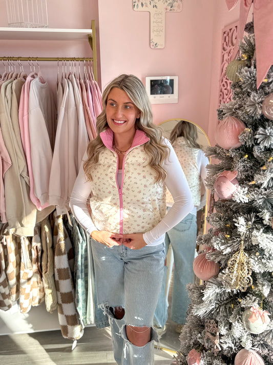Pink Floral Puffer Vest