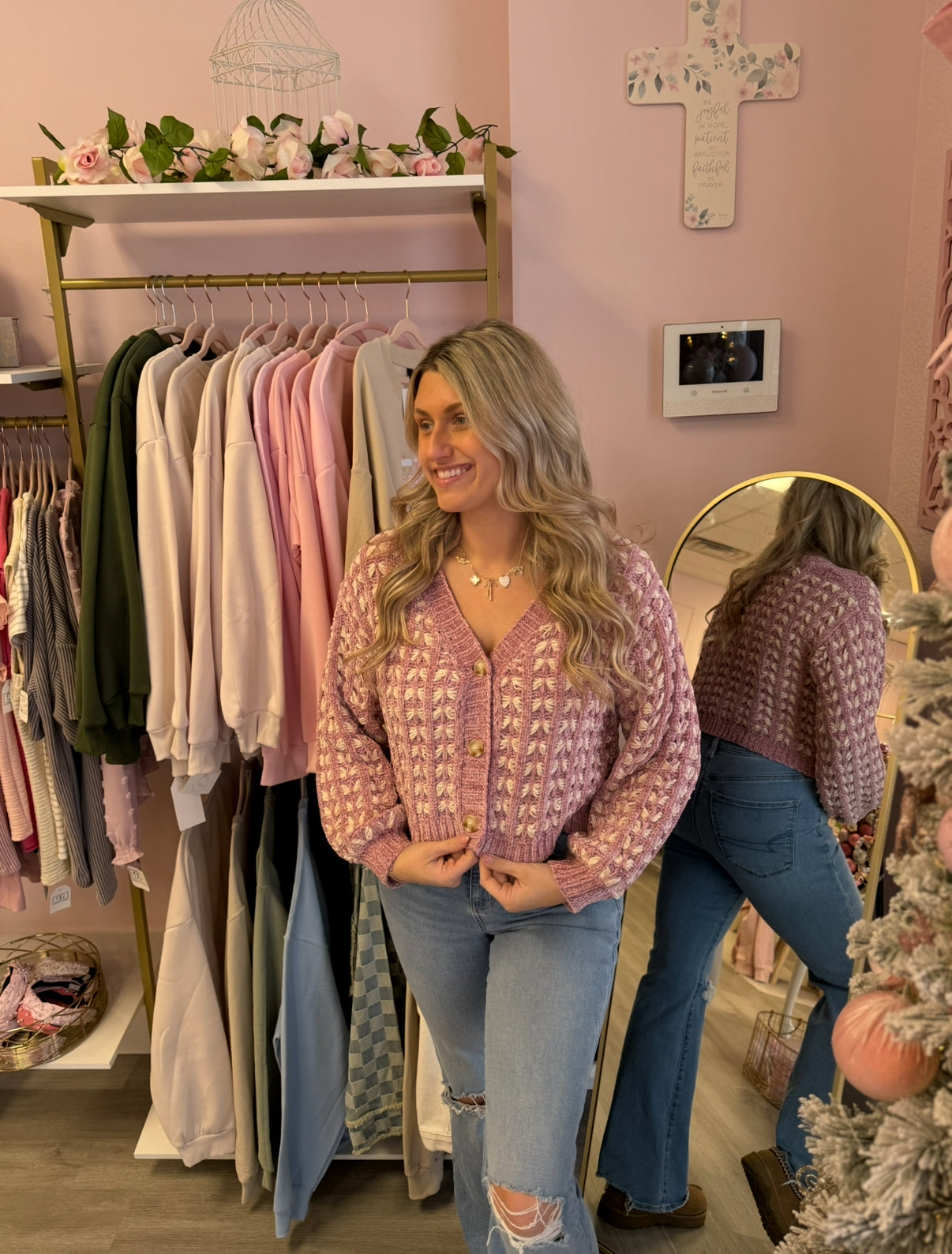 Crocheted Purple Cropped Button-Up Sweater