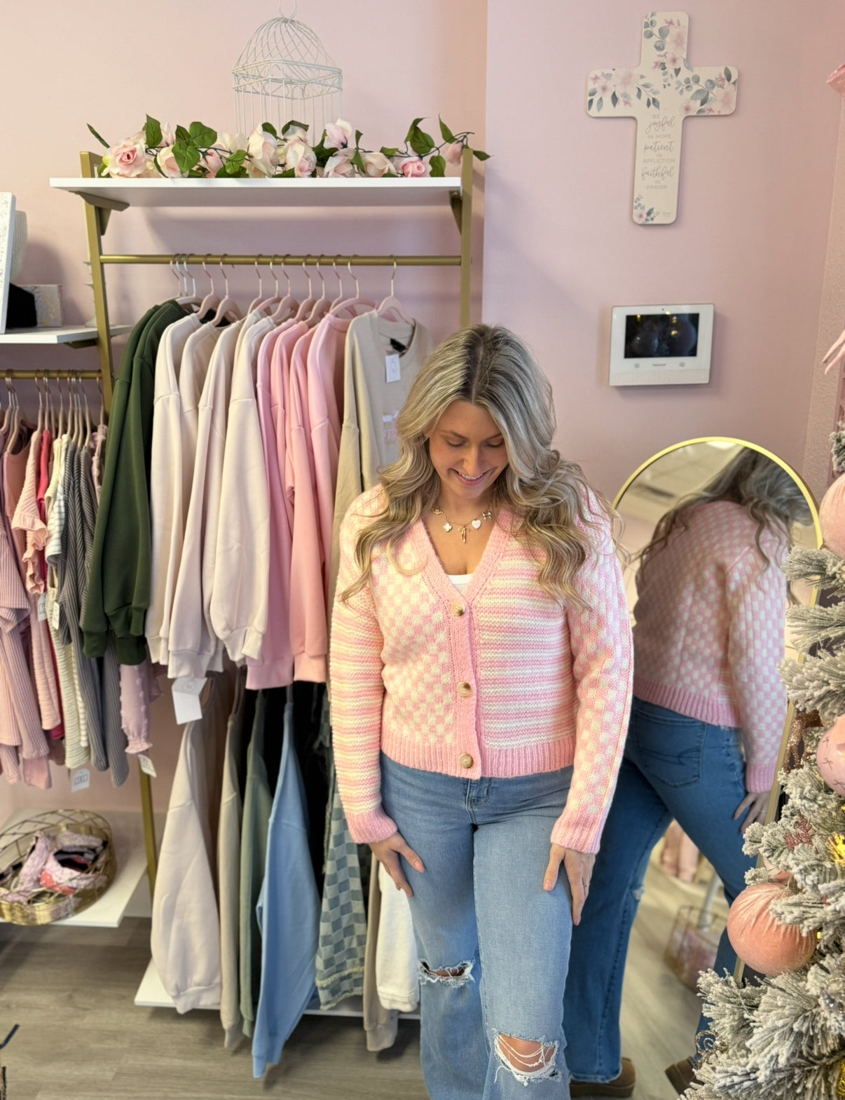 Pink Checkered Cardigan