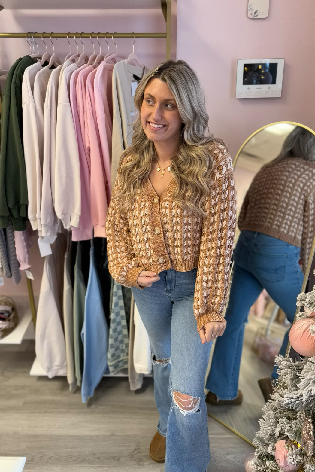 Crocheted Camel Cropped Button-Up Sweater