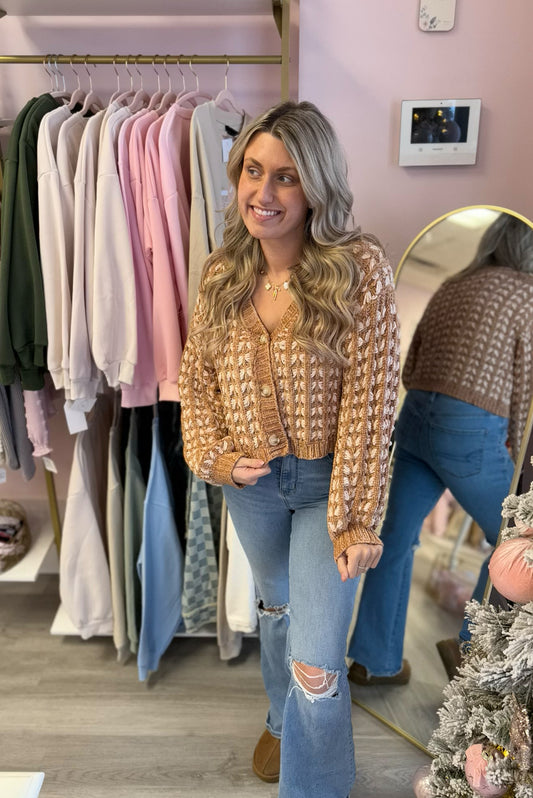 Crocheted Camel Cropped Button-Up Sweater