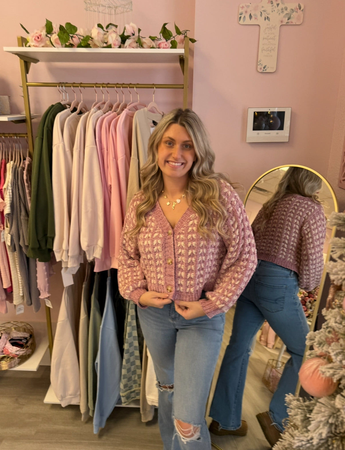 Crocheted Purple Cropped Button-Up Sweater