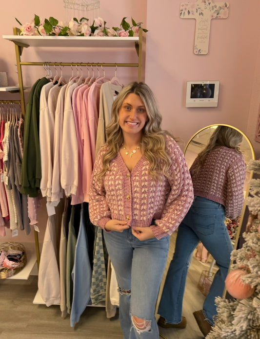 Crocheted Purple Cropped Button-Up Sweater