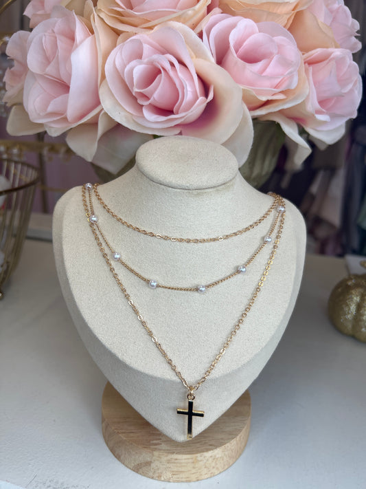 Layered Pearl and Cross Necklace