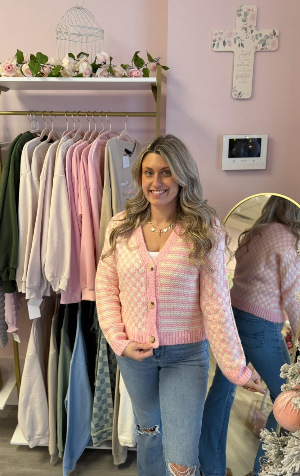 Pink Checkered Cardigan