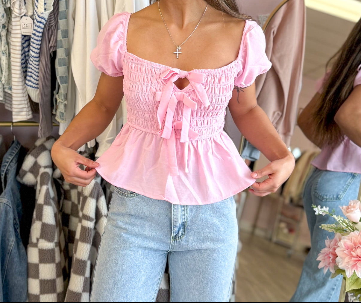 Pink Spring Fashion Top | Front Bow Tied Women’s Short Sleeve
