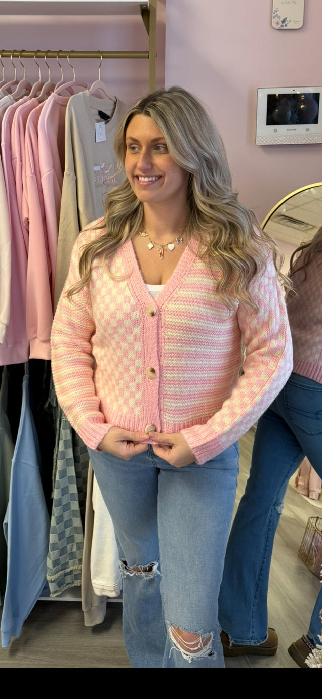 Pink Checkered Cardigan