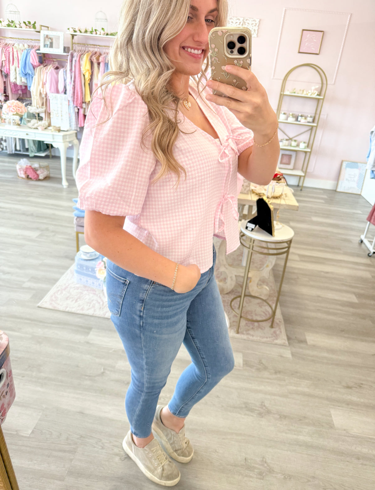Gingham Pink Bow Tie Top | Women’s Top