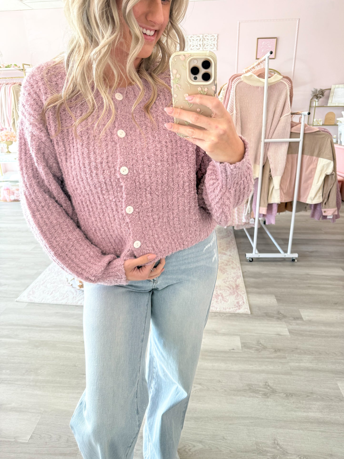 Knit button up purple cardigan