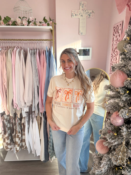 Grateful Thankful Blessed Bow Tee