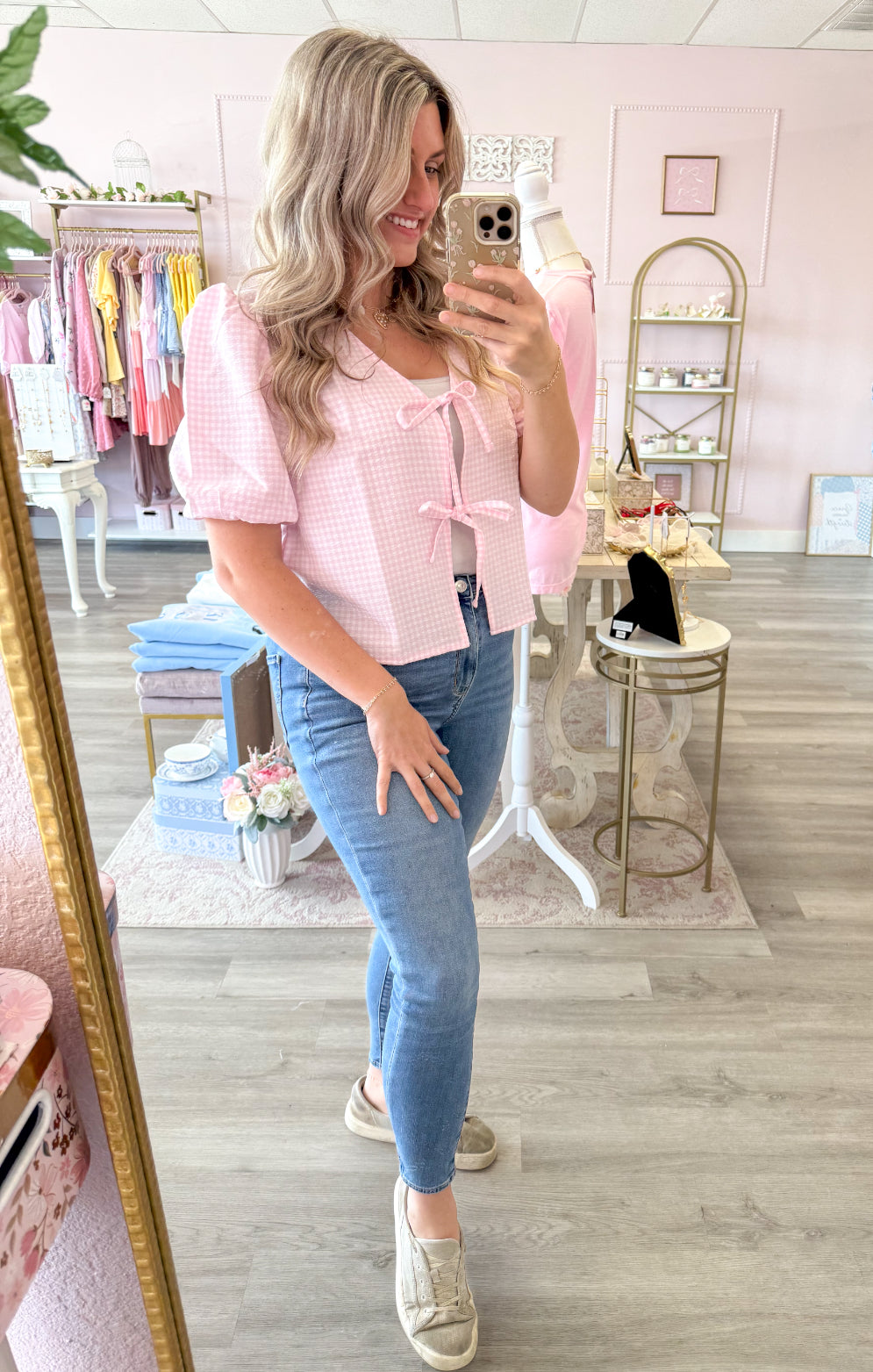 Gingham Pink Bow Tie Top | Women’s Top