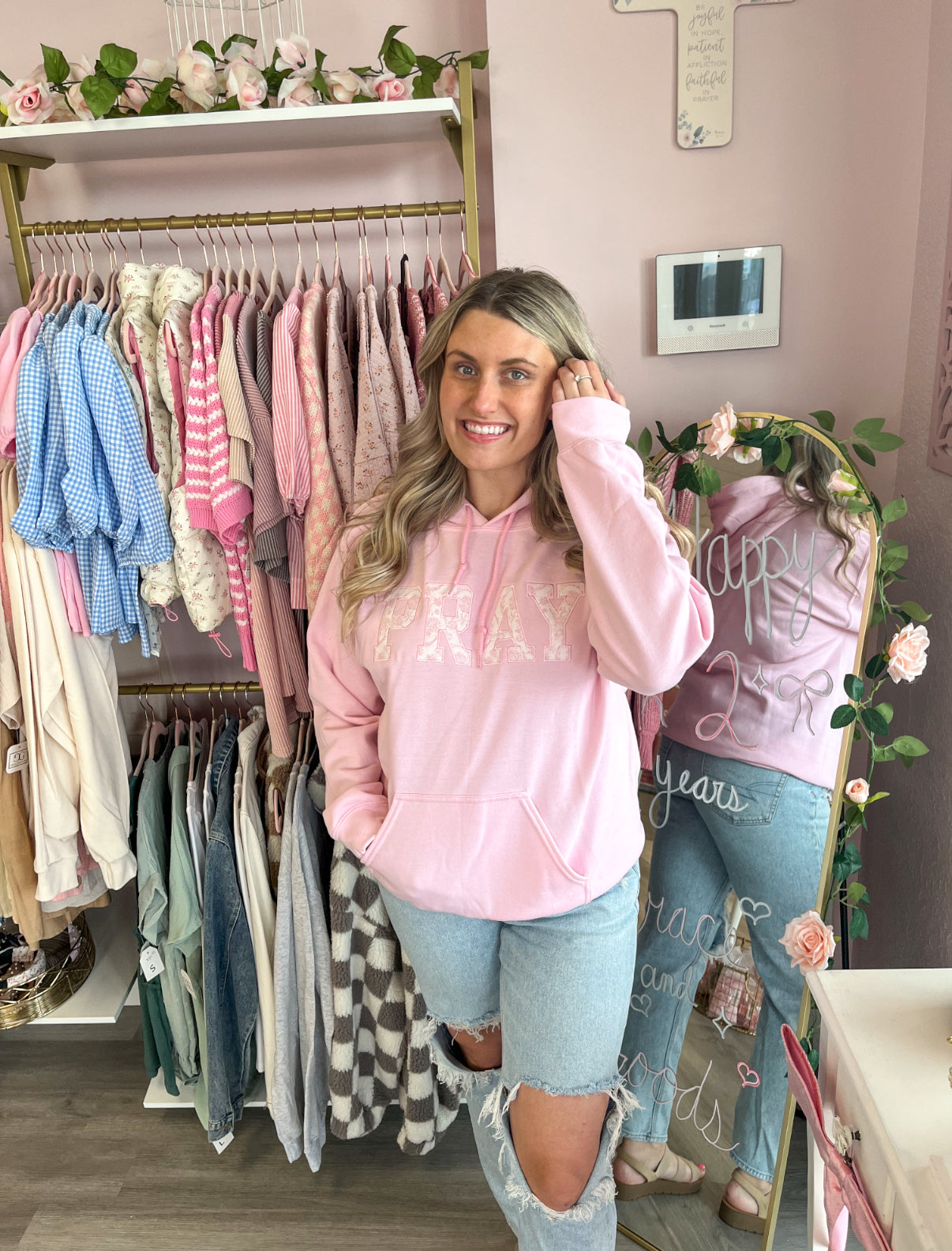 Floral Print Pray Hoodie Pink or Blue | Women’s Hoodies