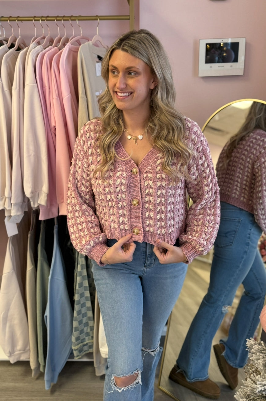 Crocheted Purple Cropped Button-Up Sweater