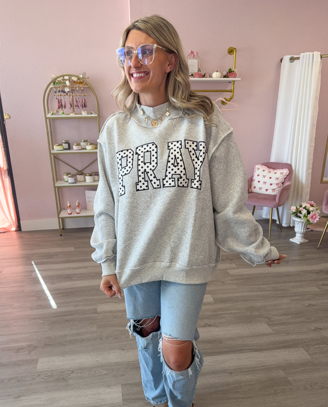 PRAY Polka Dot Embroidered Mock Neck | Christian Sweatshirt