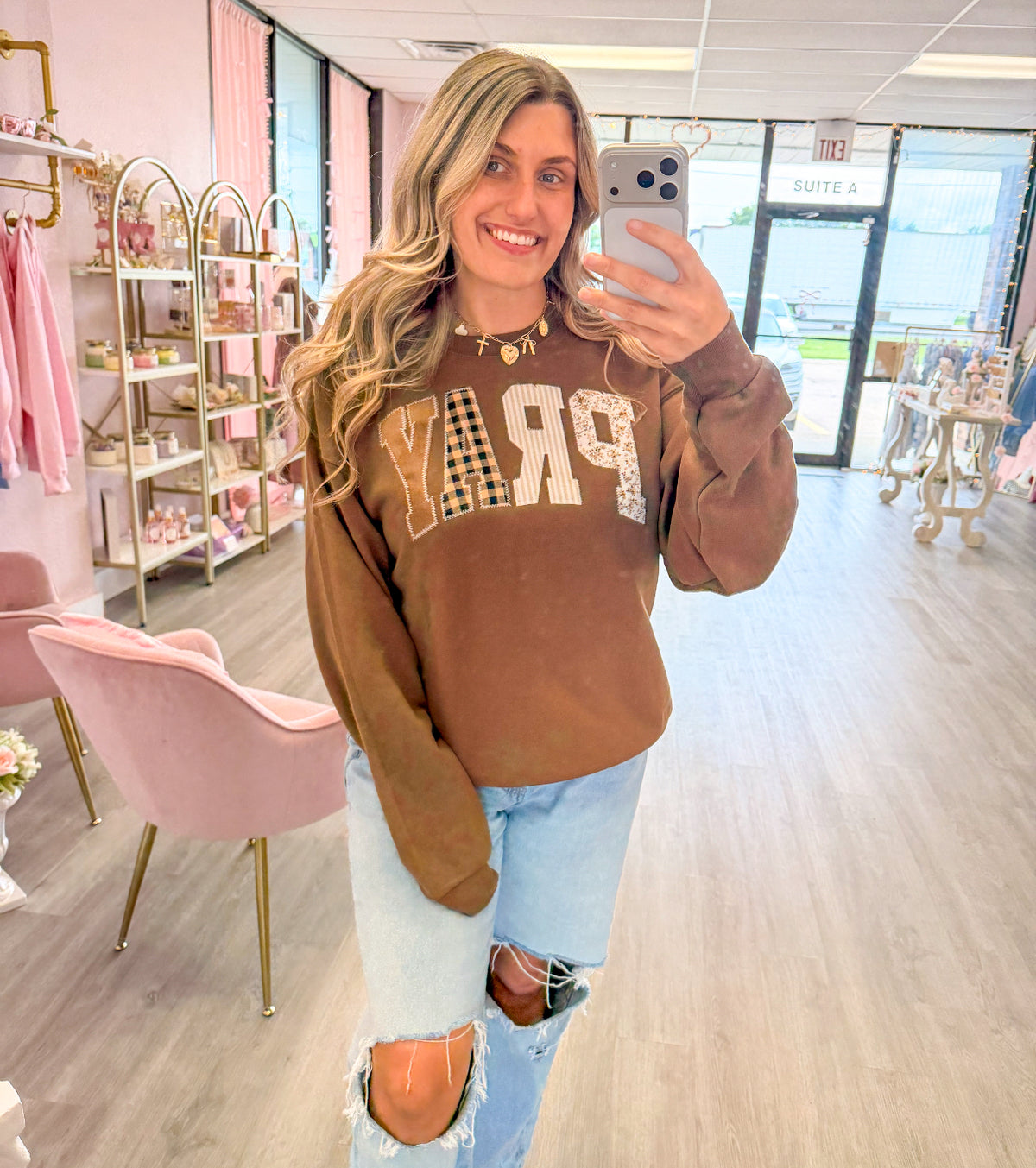 PRAY Embroidered Patchwork Crewneck in Brown | Christian Women’s Sweatshirt