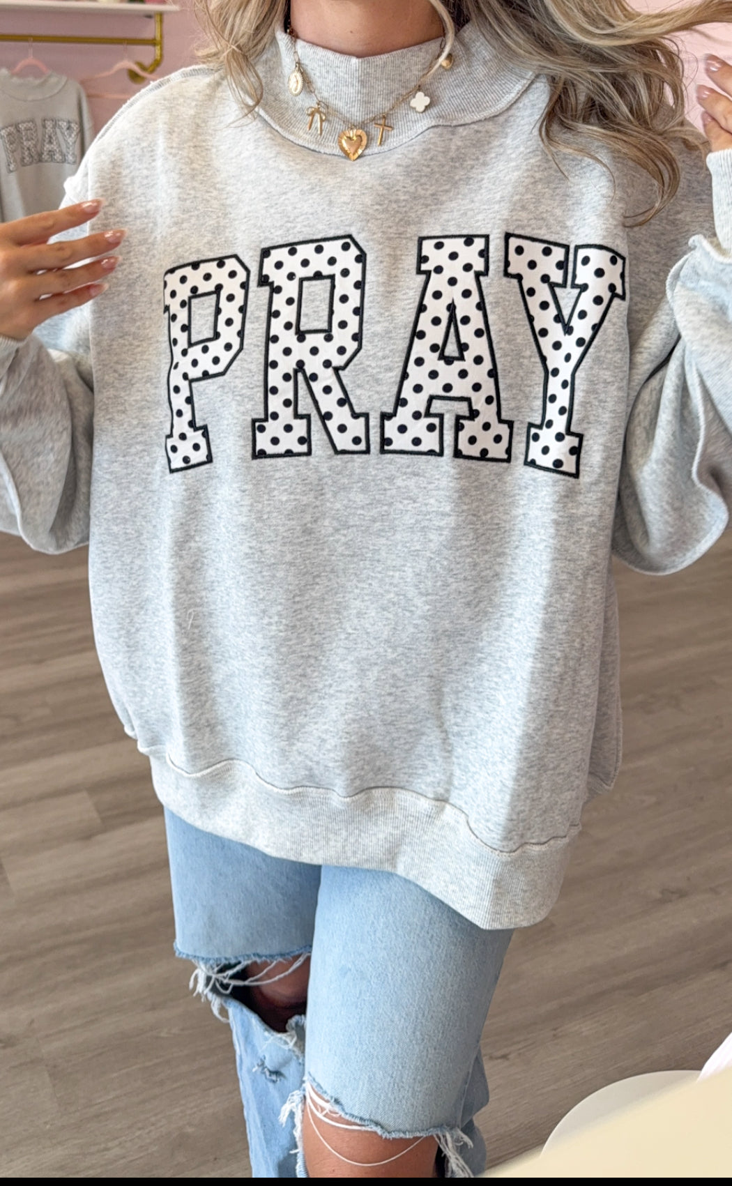 PRAY Polka Dot Embroidered Mock Neck | Christian Sweatshirt