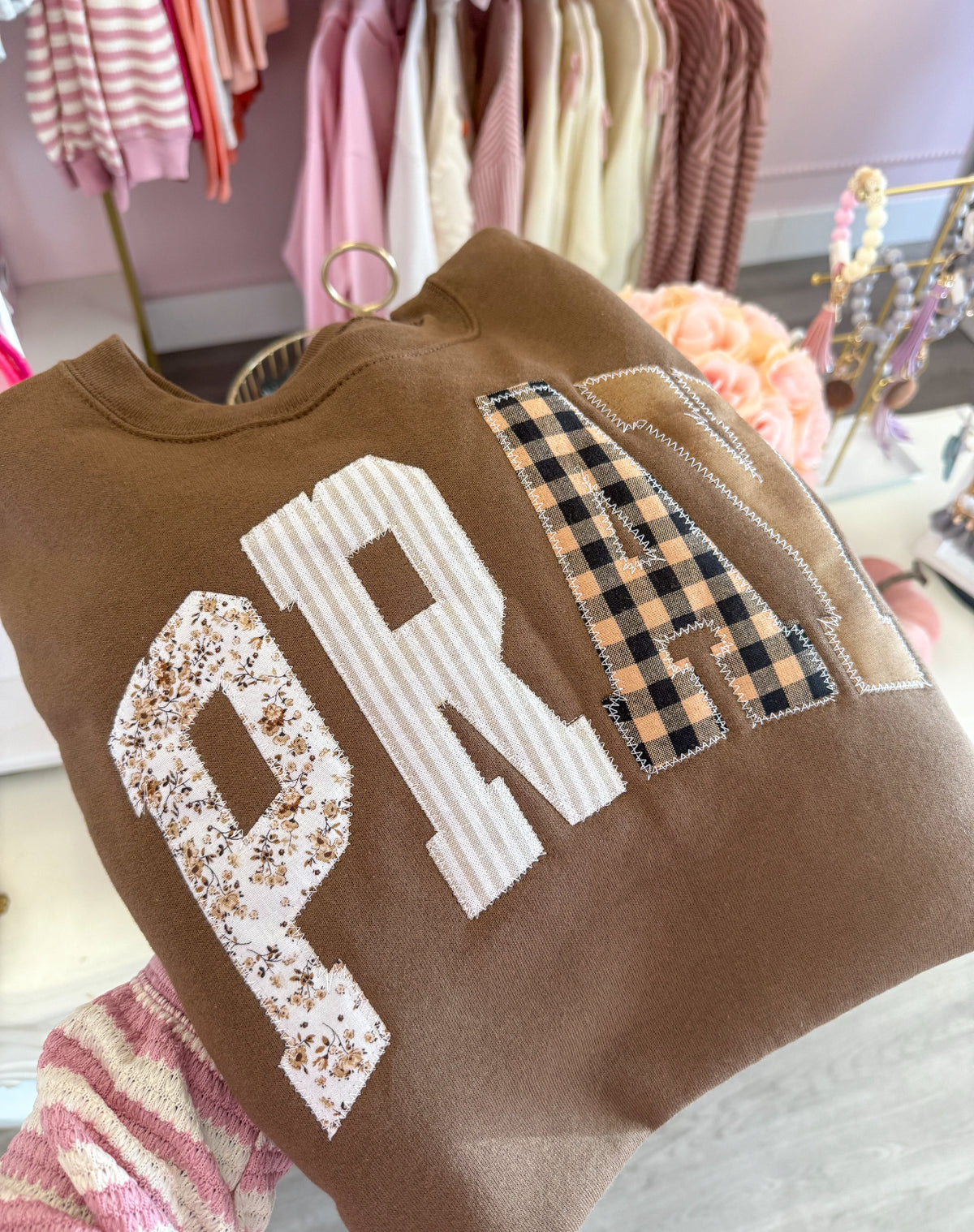 PRAY Embroidered Patchwork Crewneck in Brown | Christian Women’s Sweatshirt
