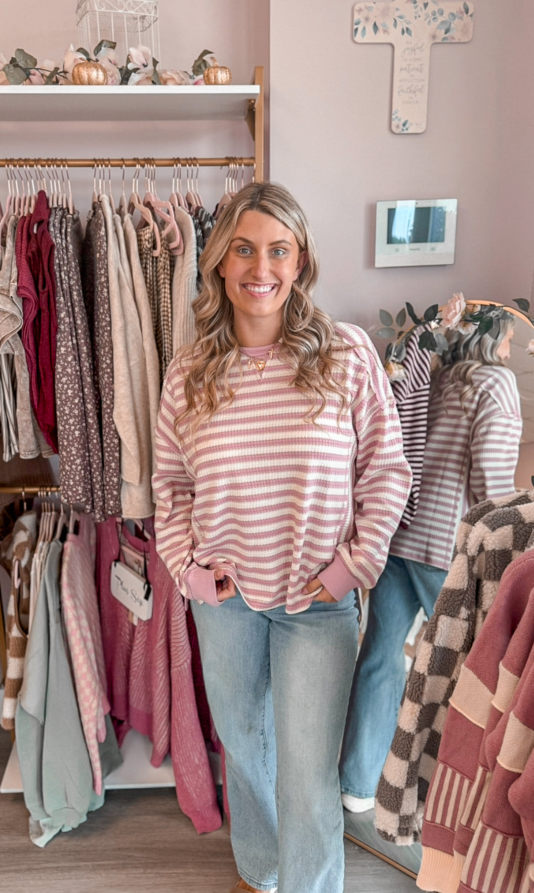 Pink and White Striped Top | Long Sleeve Women’s Fashion Top