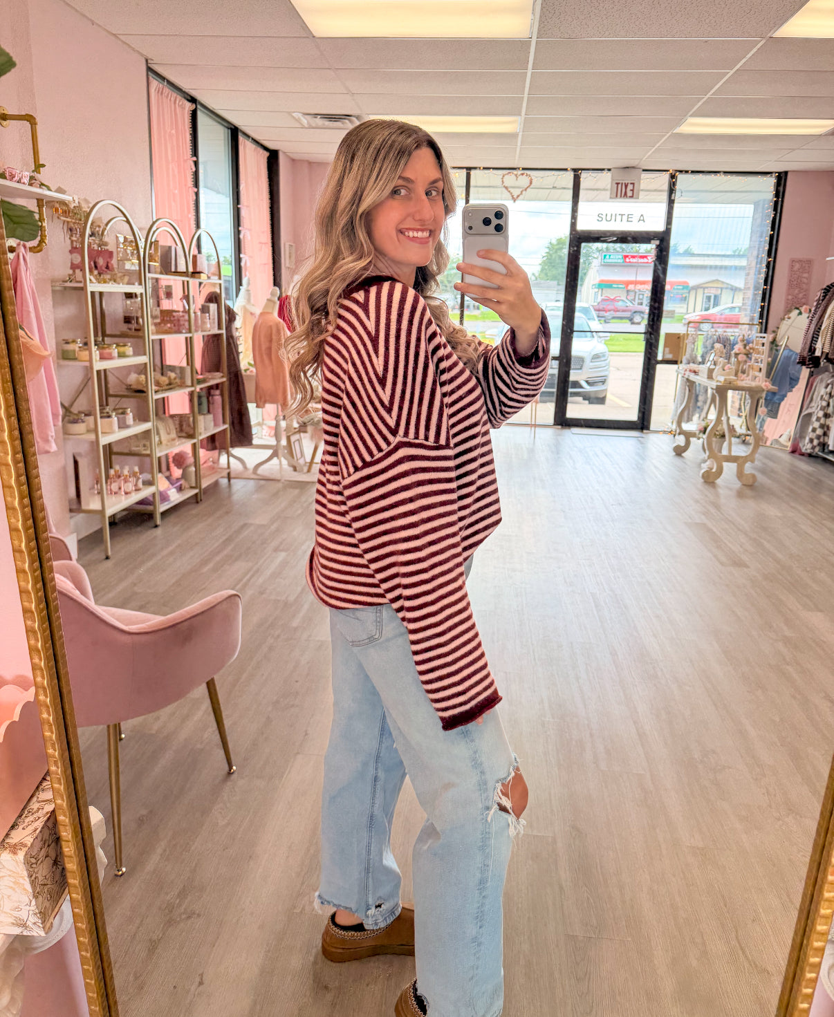 Button Henley Striped Long Sleeve Burgundy | Women’s Fall Sweater
