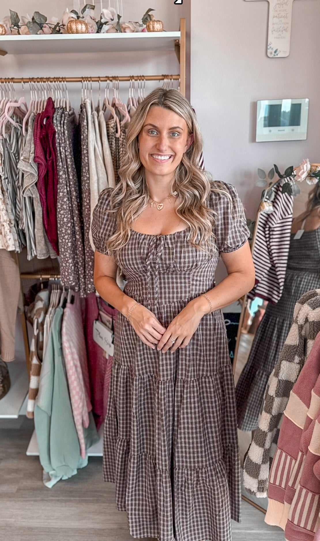 Maxi Brown Checkered Fall Dress | Women’s Fall Church Dress