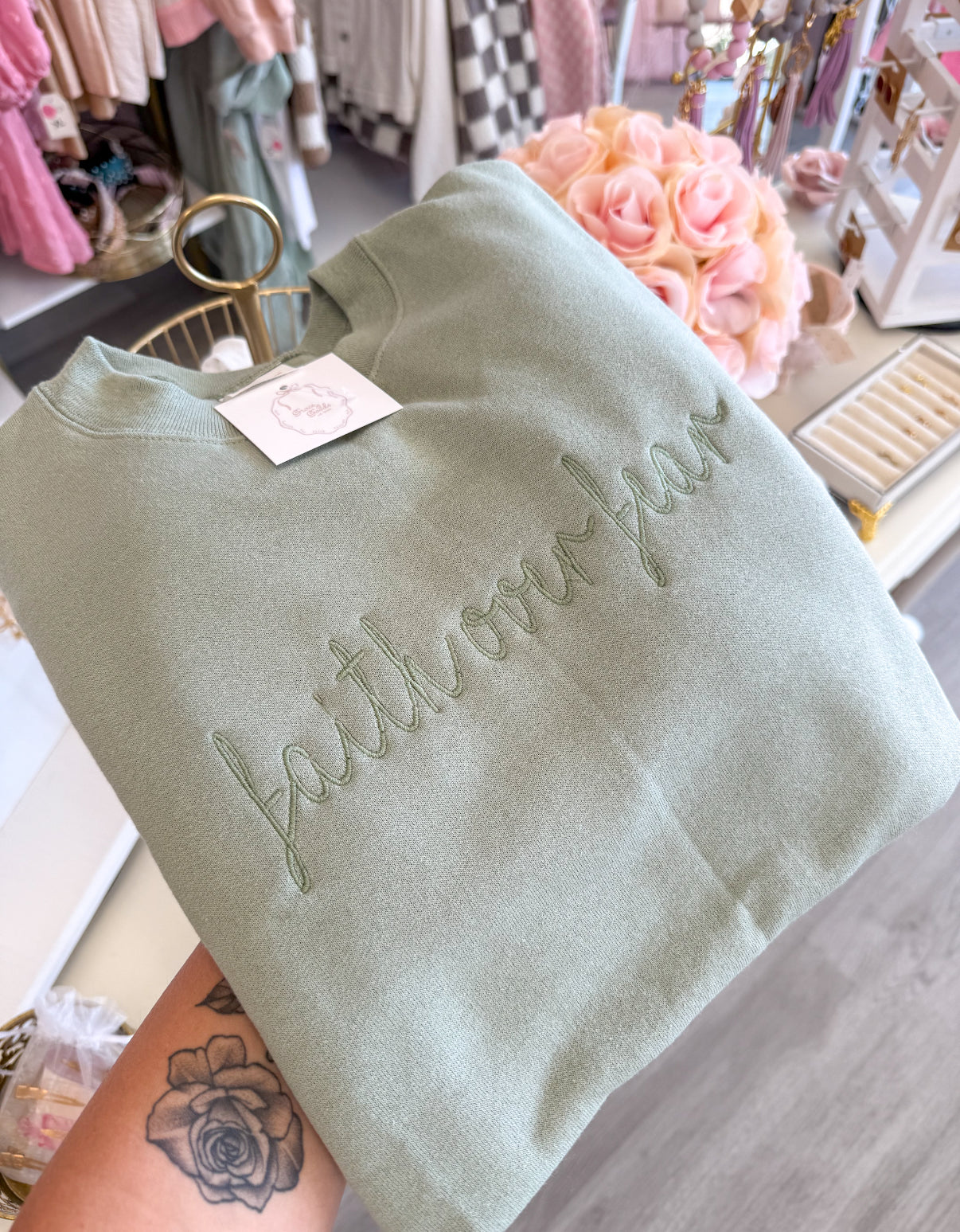 Faith Over Fear Embroidered Crewneck in the color stone