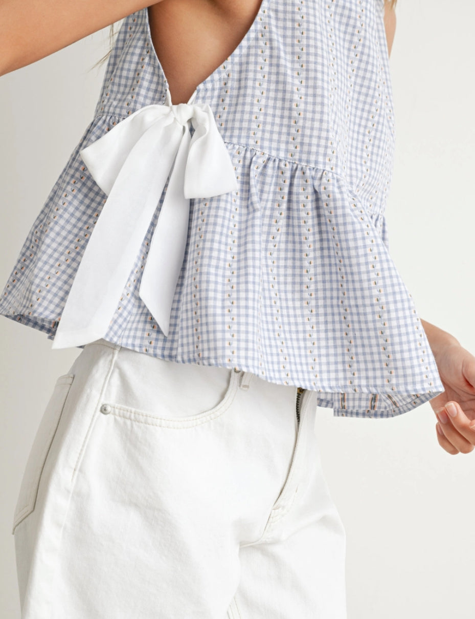 Peplum Top Blue/ivory w Side Bow Ties | Women’s Too