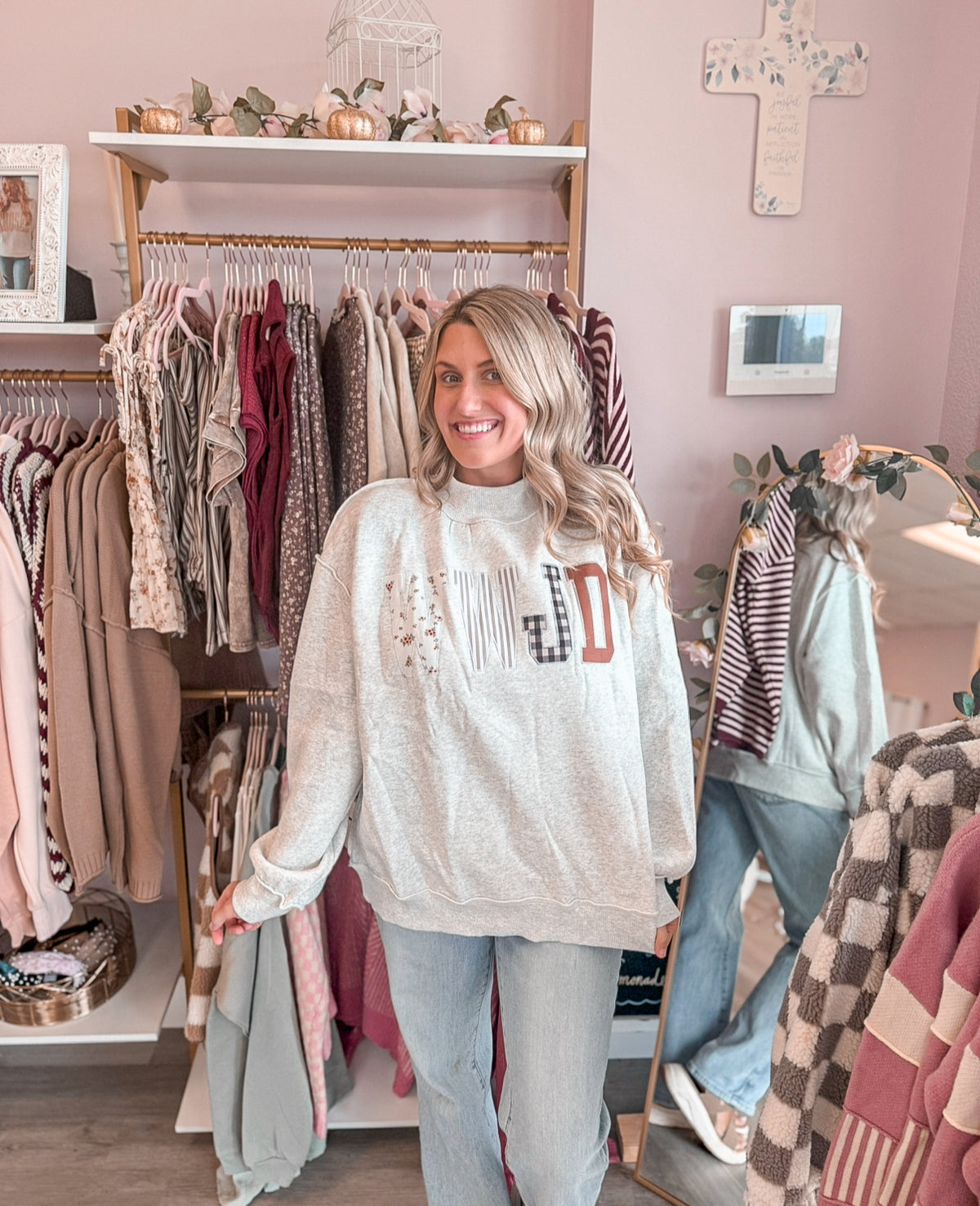 WWJD Embroidered Patchwork Mock Neck in Heather Gray | Christian Women’s Sweatshirt