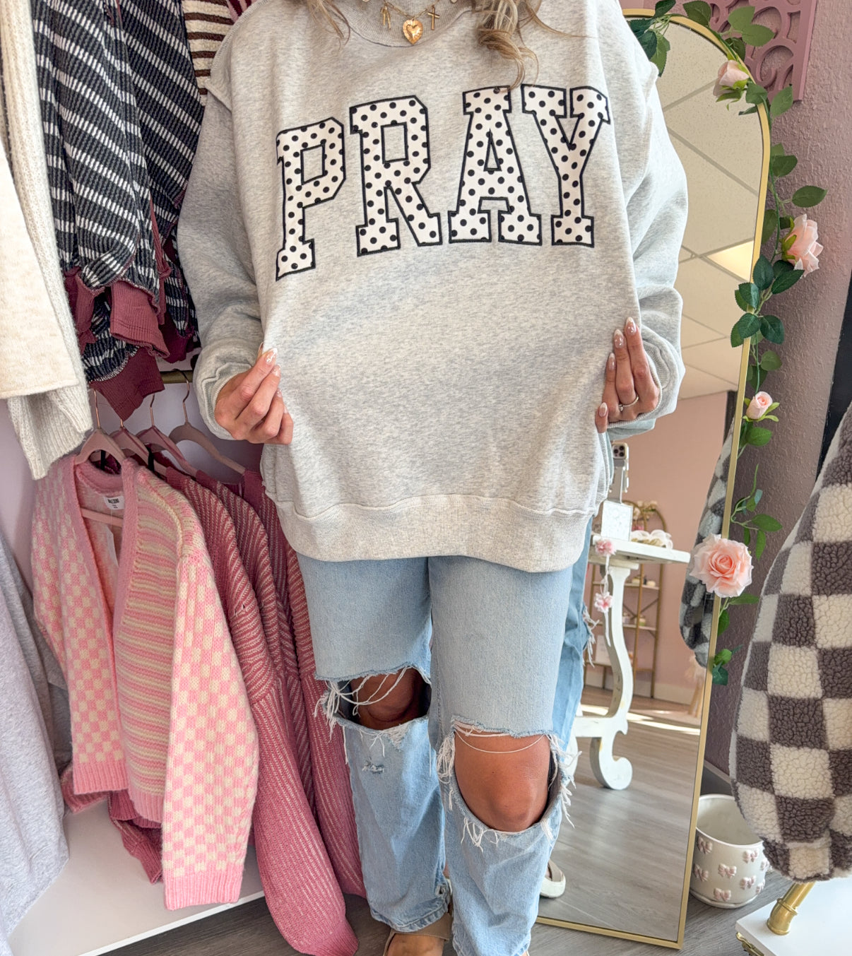 PRAY Polka Dot Embroidered Mock Neck | Christian Sweatshirt
