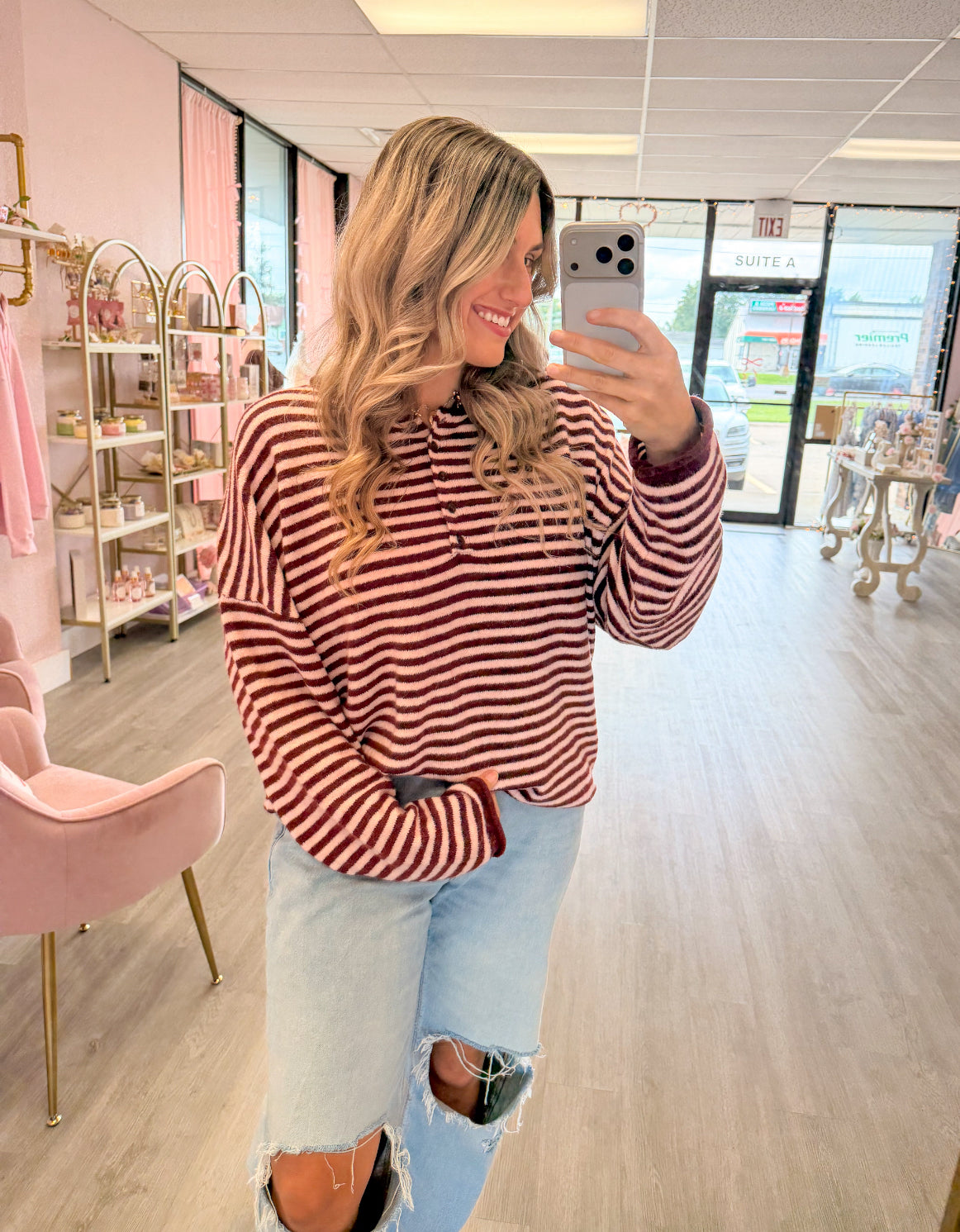 Button Henley Striped Long Sleeve Burgundy | Women’s Fall Sweater