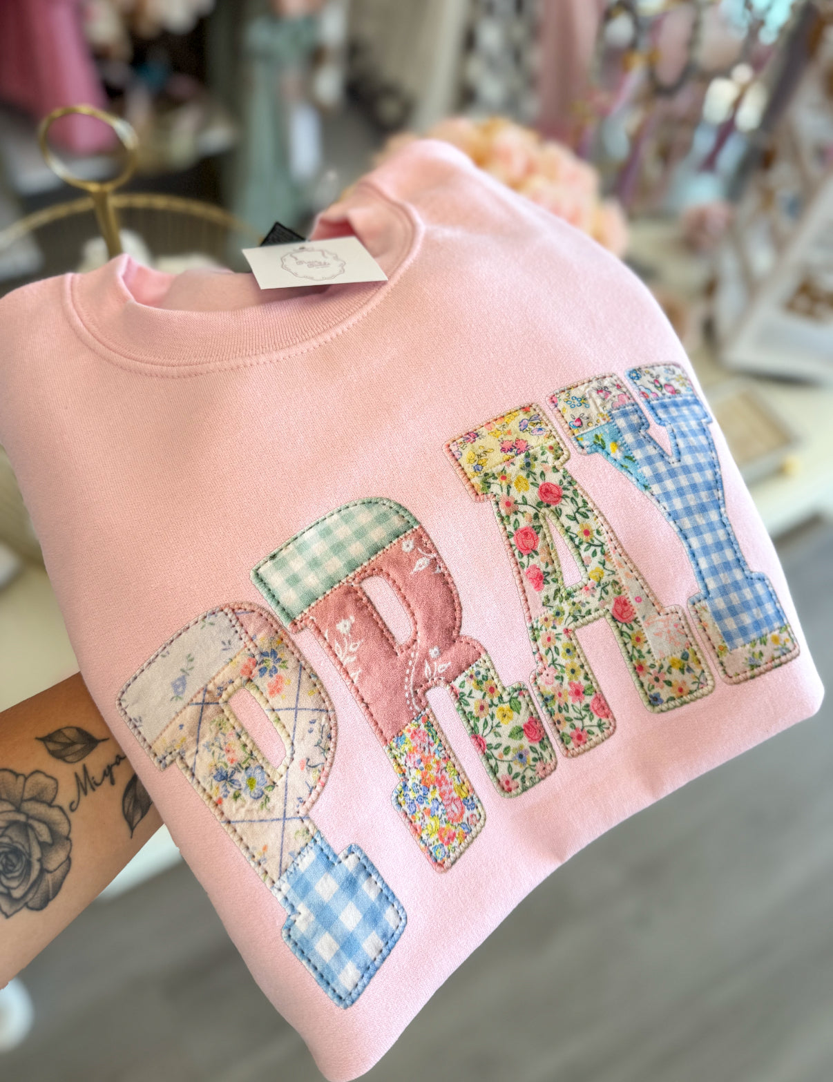 Patchwork Pray Crewneck in Pink
