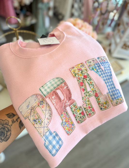 Patchwork Pray Crewneck in Pink